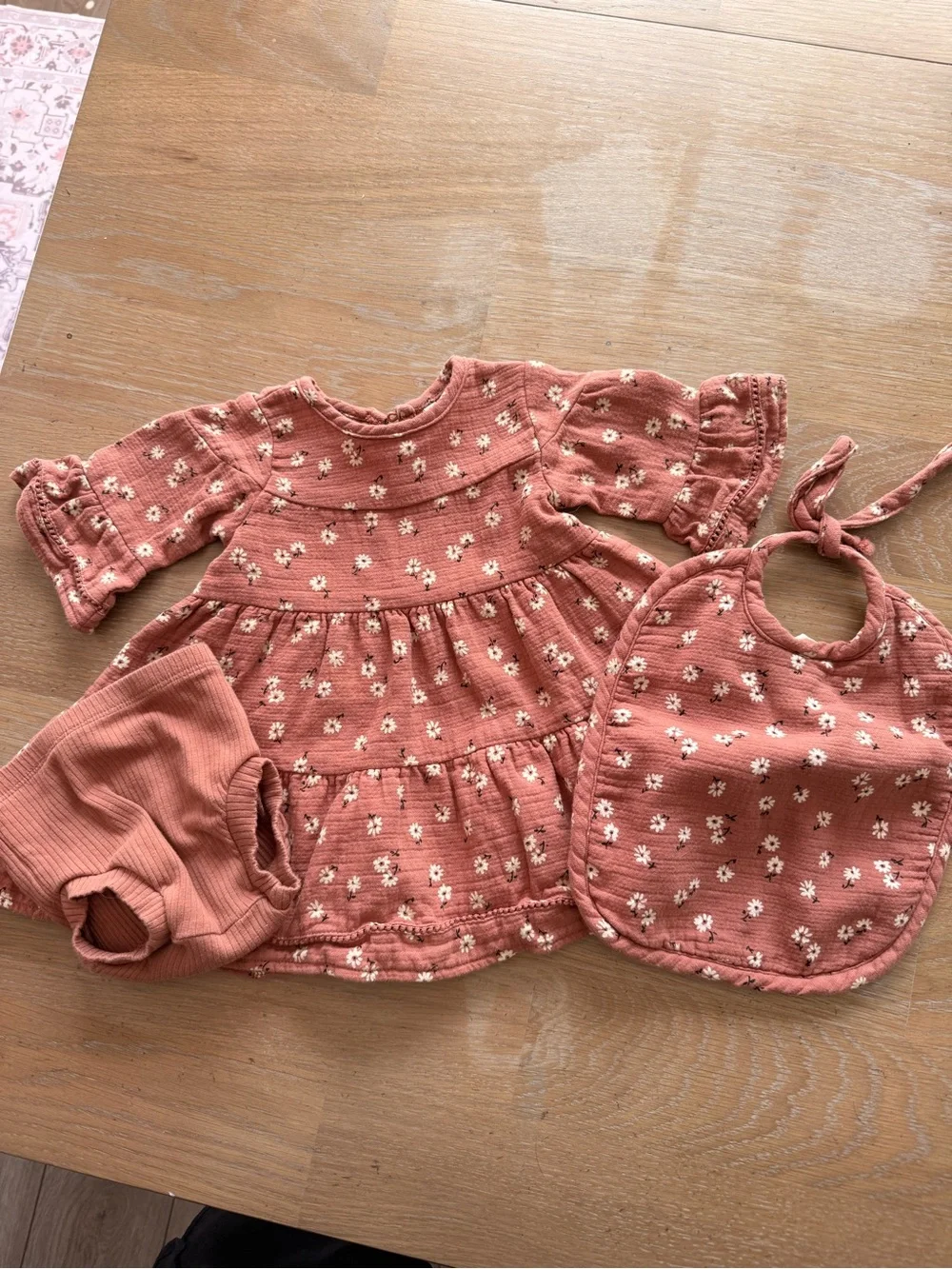 Quincy Mae Dusty Rose Floral Tiered Dress with Matching Bib & Bloomers